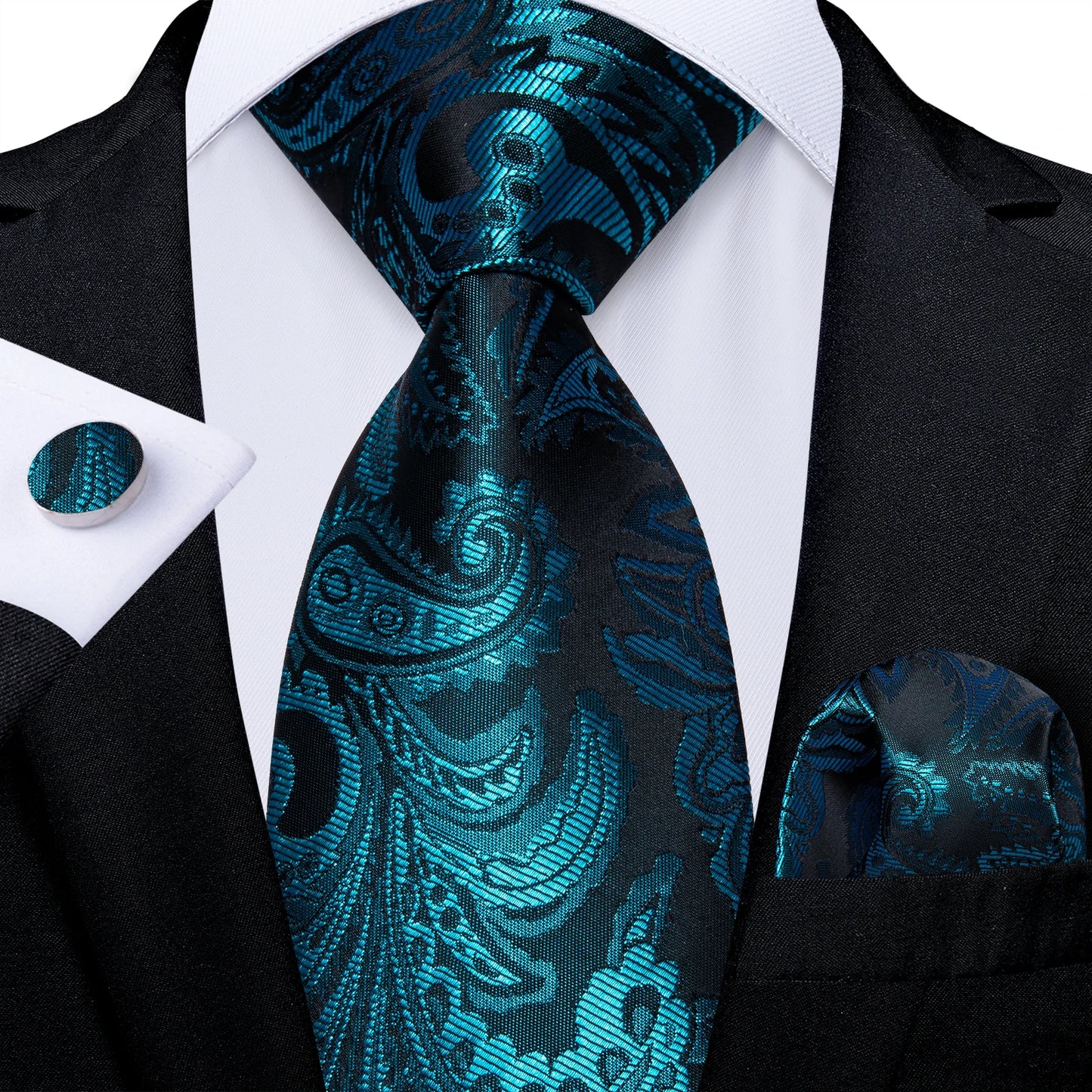 DiBanGu Mens Necktie Teal Green Blue Solid Design Silk Wedding Tie For Men Hanky Cufflinks Tie Set Fashion Bussiness Party