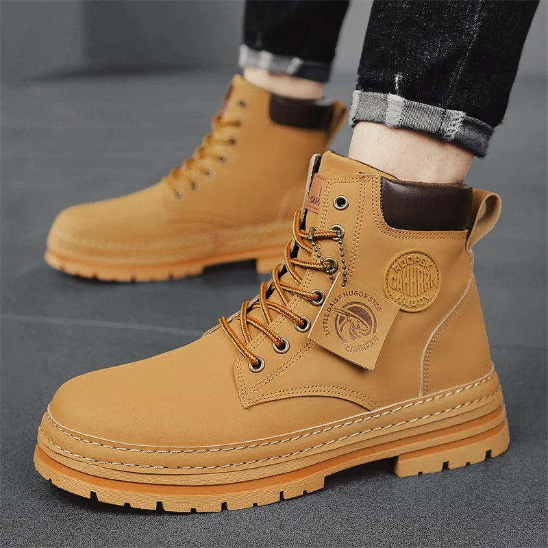 TINTINOS Yellow Boots Leather Chelsea Ankle Boots Shoes for Men With Free Shipping Autumn Men Bottines Chelsea Lace Up Leather Boots Man