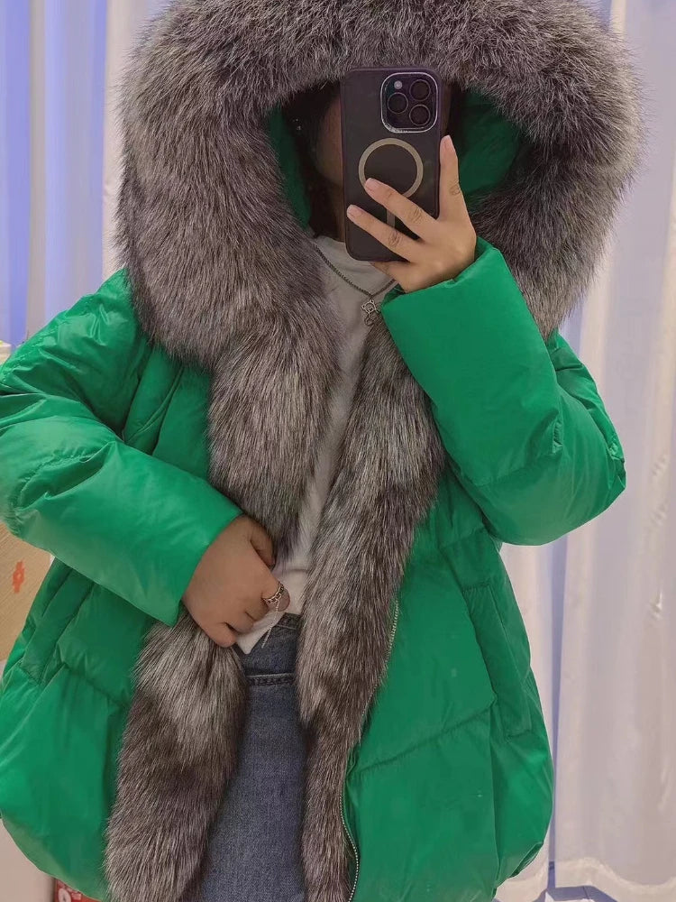 NEW 2024 2025 Women Coat White Duck Down Jacket Super Large Real Silver Fox Fur Collar Hooded New Fashion Outerwear Puffer Jacket New