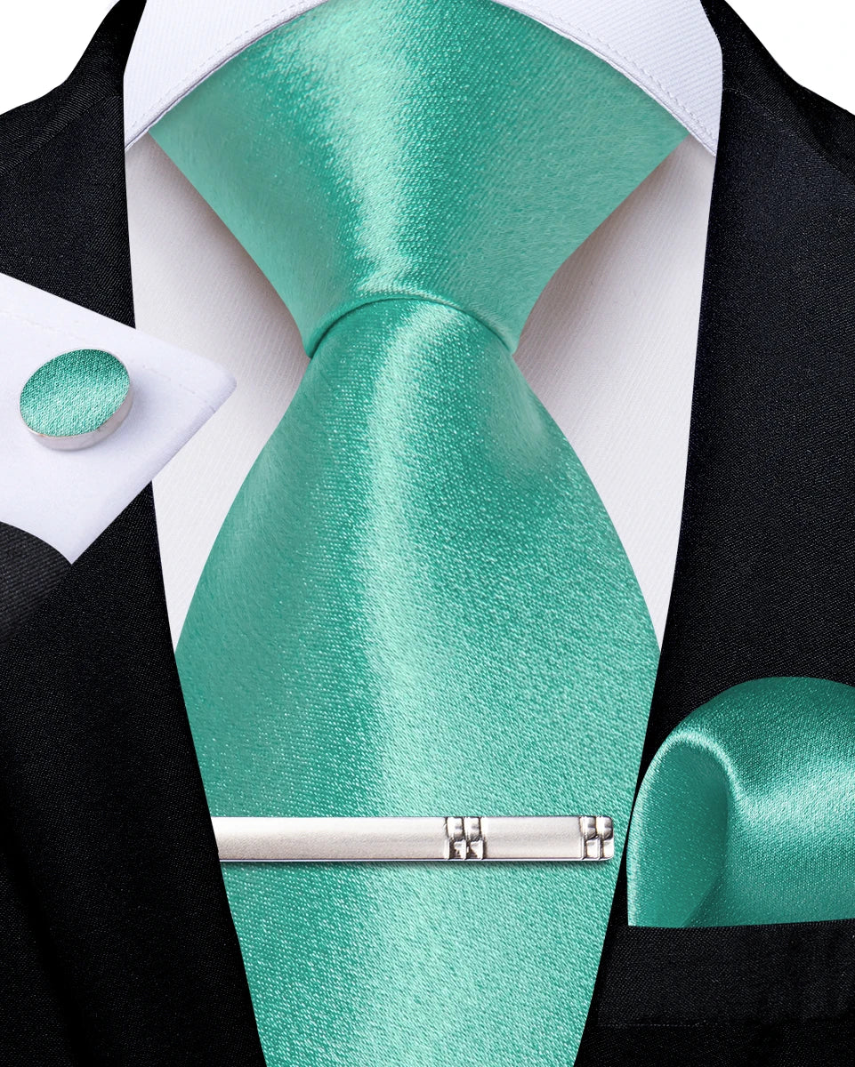 4Pcs Solid Green Brown Black Blue Red Satin 8cm Men Tie Set Handkerchief Cufflinks Wedding Party Accessories Gift for Husband