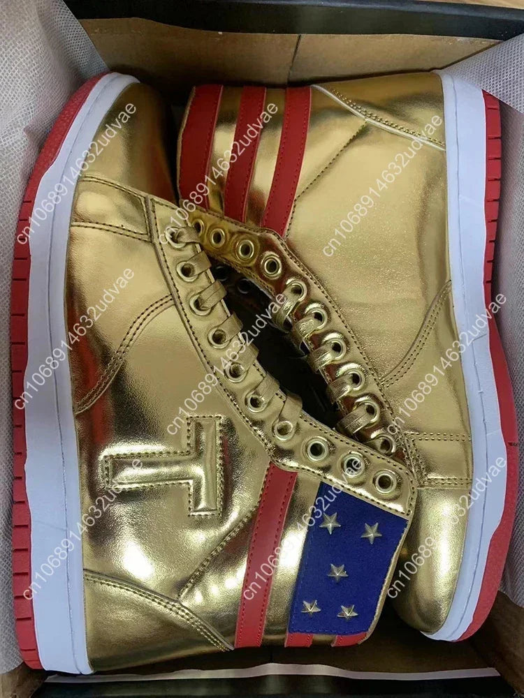 2024-2028 MAGA Trump Gold Silver Sneakers Never Surrender Donald Gold Trump Shoes 2024 MAGA Never Surrender Shoe Sneaker Basketball Mens Womens Casual Boots Road Shoe Big Size 47 48