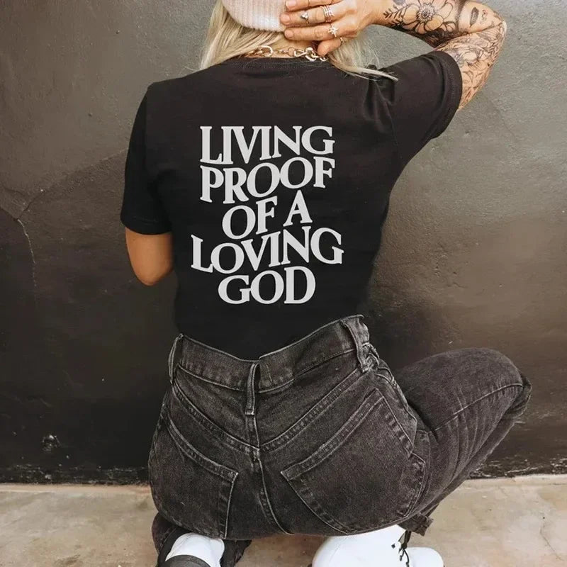 Men Women Summer Living Proof of a Loving God Print Y2k T-shirt Christian Cross Jesus Short Sleeved Tees Loose Cotton Top