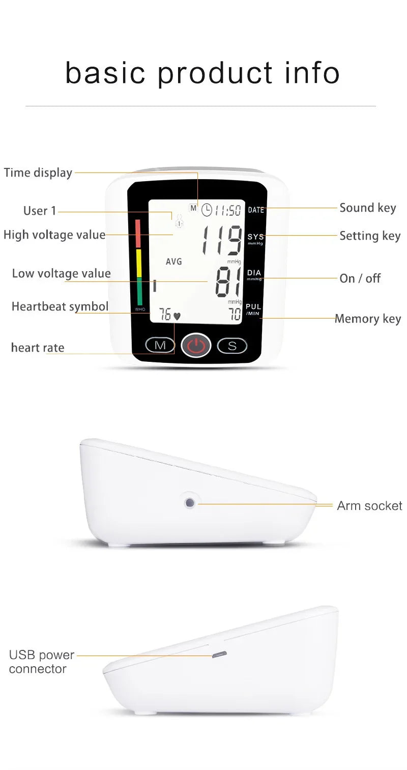 LCD Portable Health Care Pulse Meter BP Monitor Automatic Digital Arm Blood Pressure Monitor Tonometer Meter Sphygmomanometer