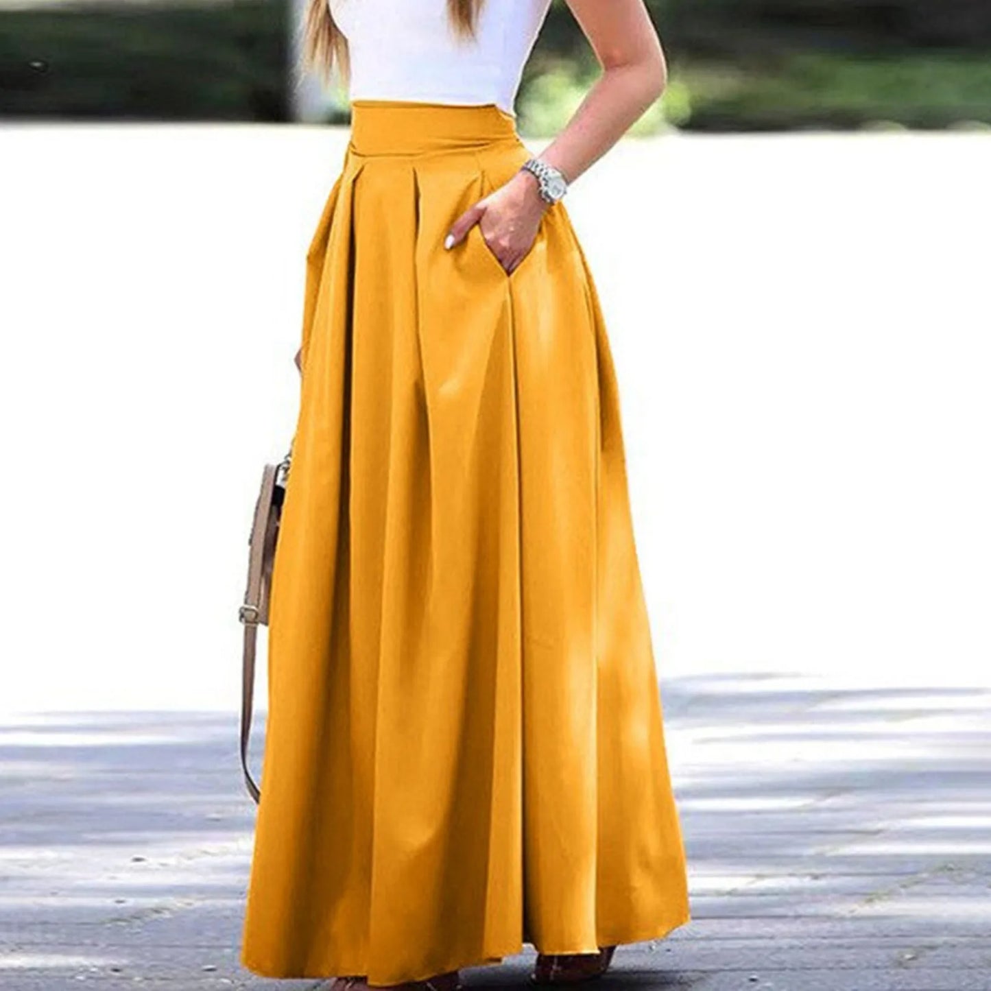 Women's Large Solid Women Satin Silk Long Skirts Cotton Solid Elegant Loose Sundress Femme Elastic Waist Oversized Casual Dresse