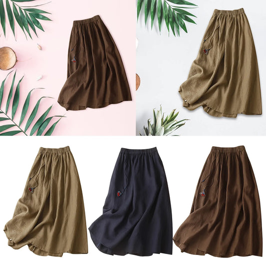 Women Cotton Skirt Holiday Elastic Waist Midi Skirt 2024 Summer Side Pockets Falda Saias Casual Solid A Line Jupe