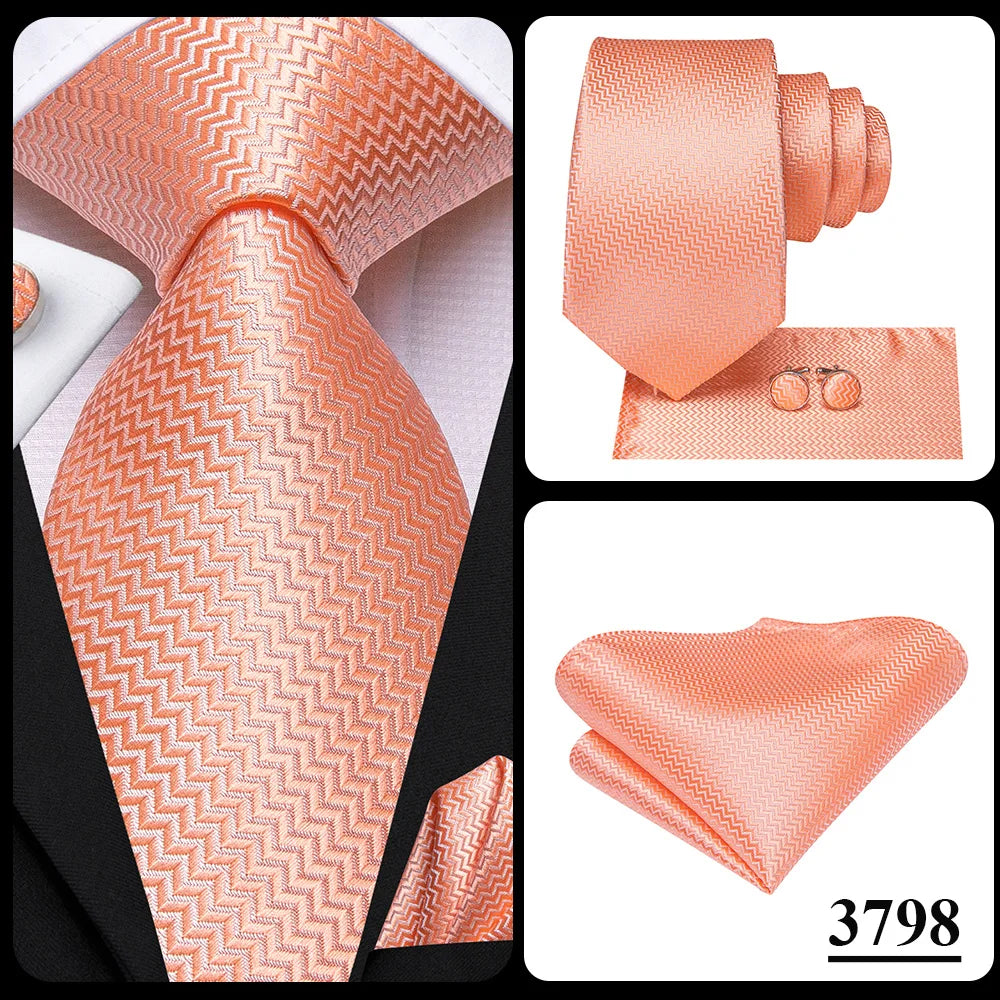 Hi-Tie Solid Green Orange Mens Fashion Necktie Handkerchief Cufflinks for Tuxedo Accessory Classic Silk Luxury Tie for Man Gift