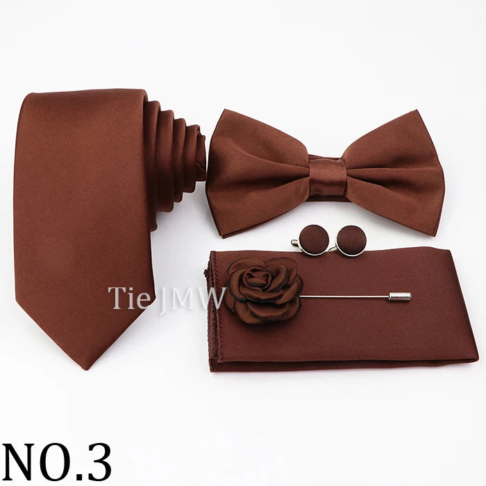 Hot Sale Pink Purple Sage Green Tie Set Polyester Necktie Bowtie Cufflink Brooch For Groom Suit Wedding Cravat Shirt Accessory