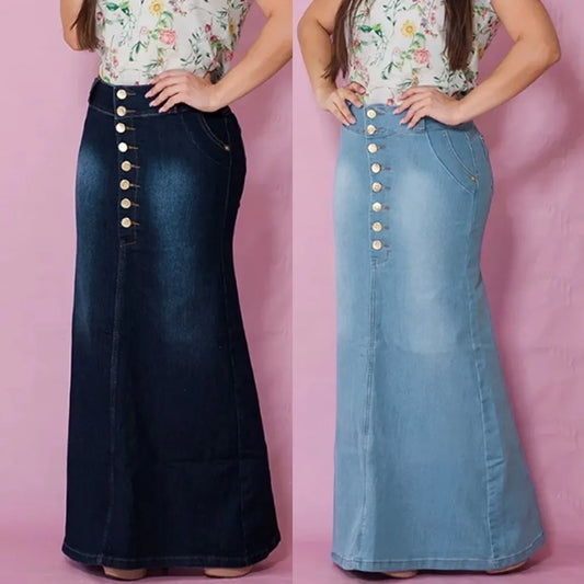 Front Button Washed Denim A-line Skirts For Teen Girls High Waisted Long Jean Skirt For Women Midi Length Faldas Mujer Moda 2023