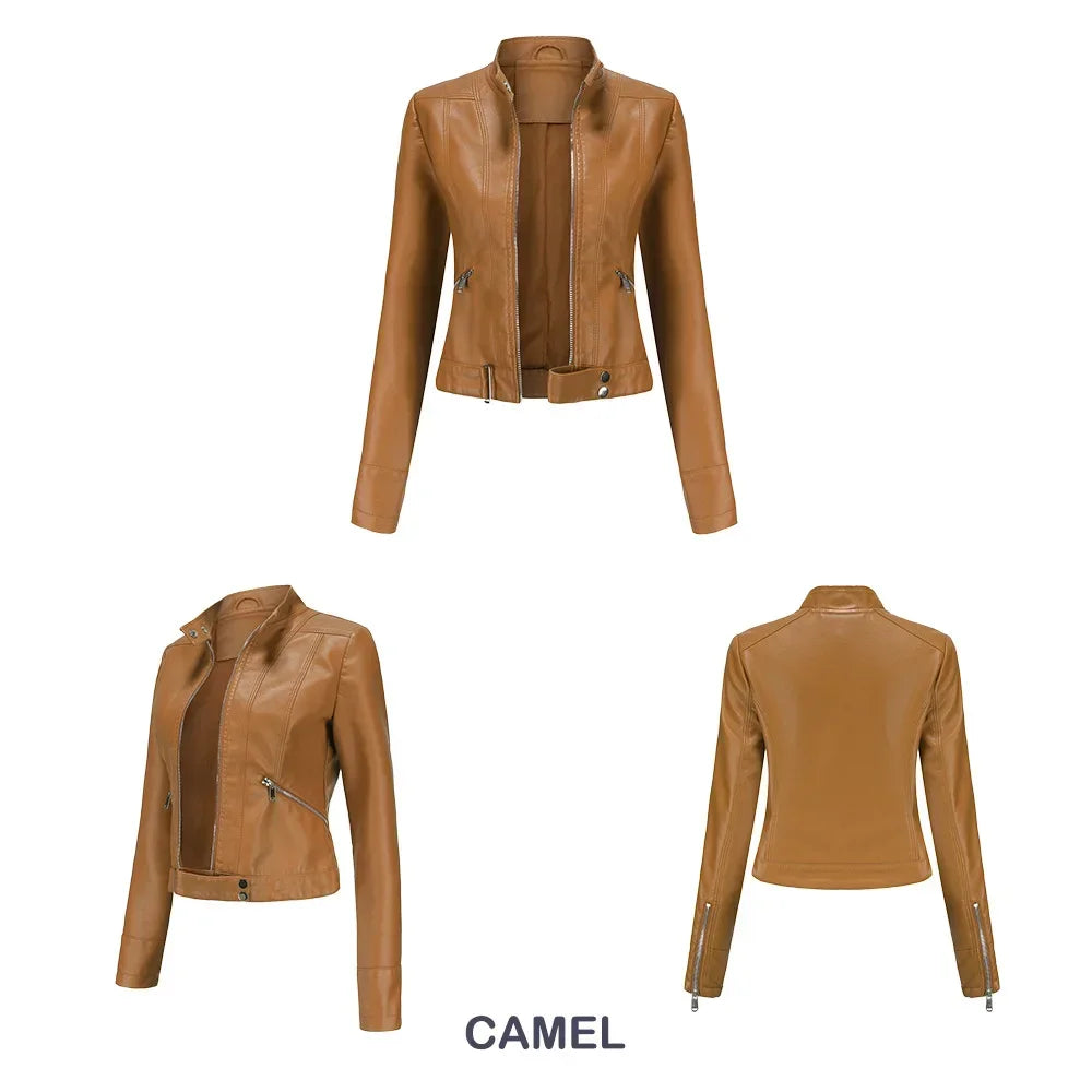 Spring Autumn Stand Collar Ladies Thin Leather Outerwear 2024 New Style Women's Leather Jacket Short Slim Fit