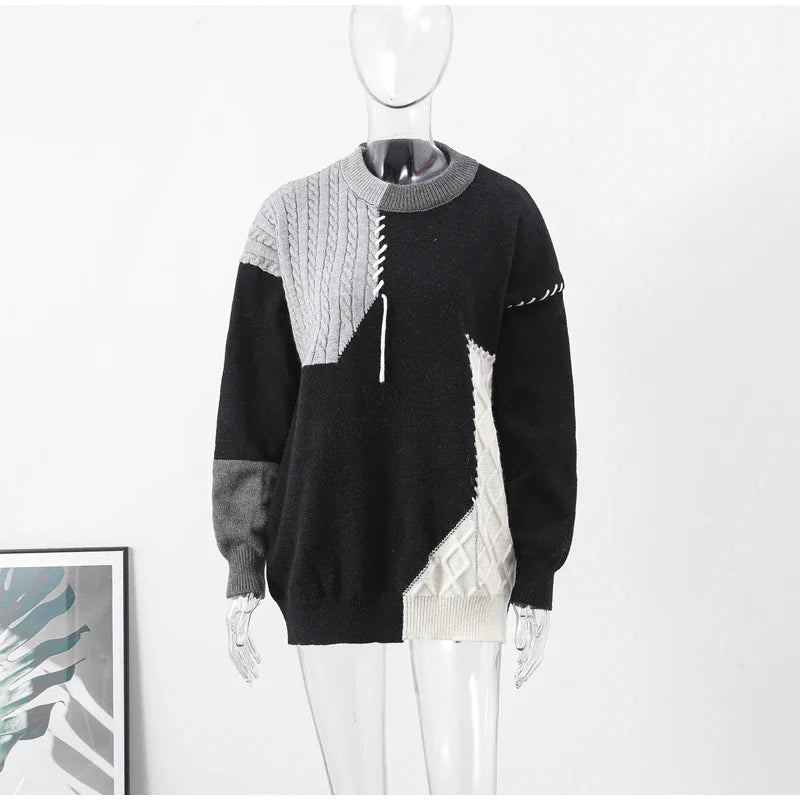 Man Panelled Contrast O neck Sweater 2024-2025 Autumn Winter Vintage Loose Long Sleeves Knitted Pullover Fashion Casual Male Jumper