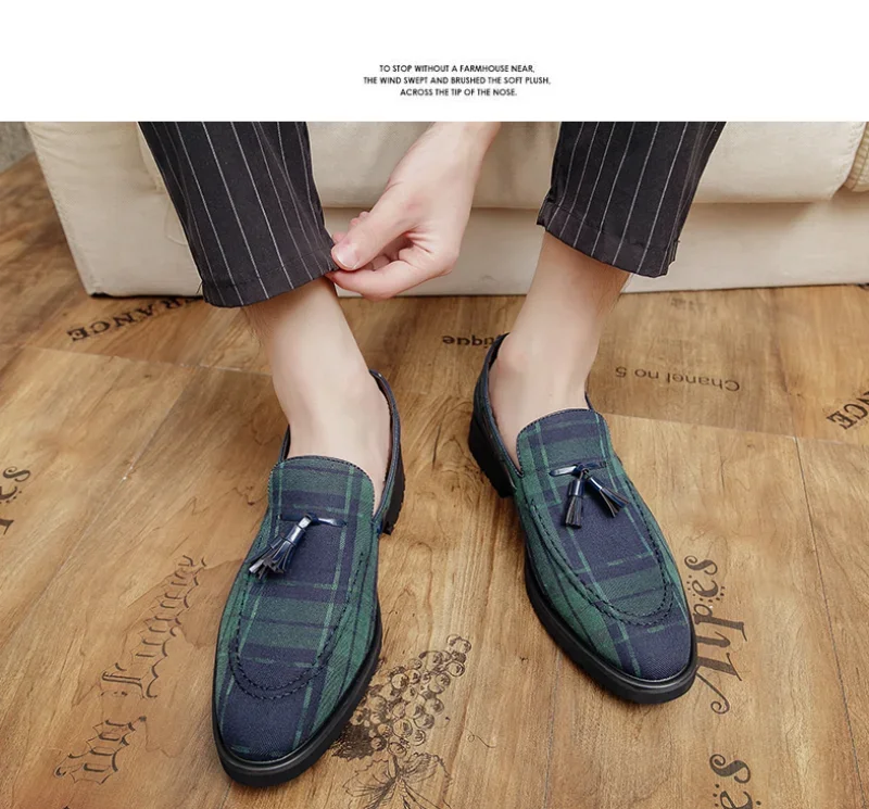 Our 2025 New Loafers Men Shoes Canvas Green Plaid Fashion Business Casual Wedding Party Classic Fringe Retro Gentleman Dress Shoes