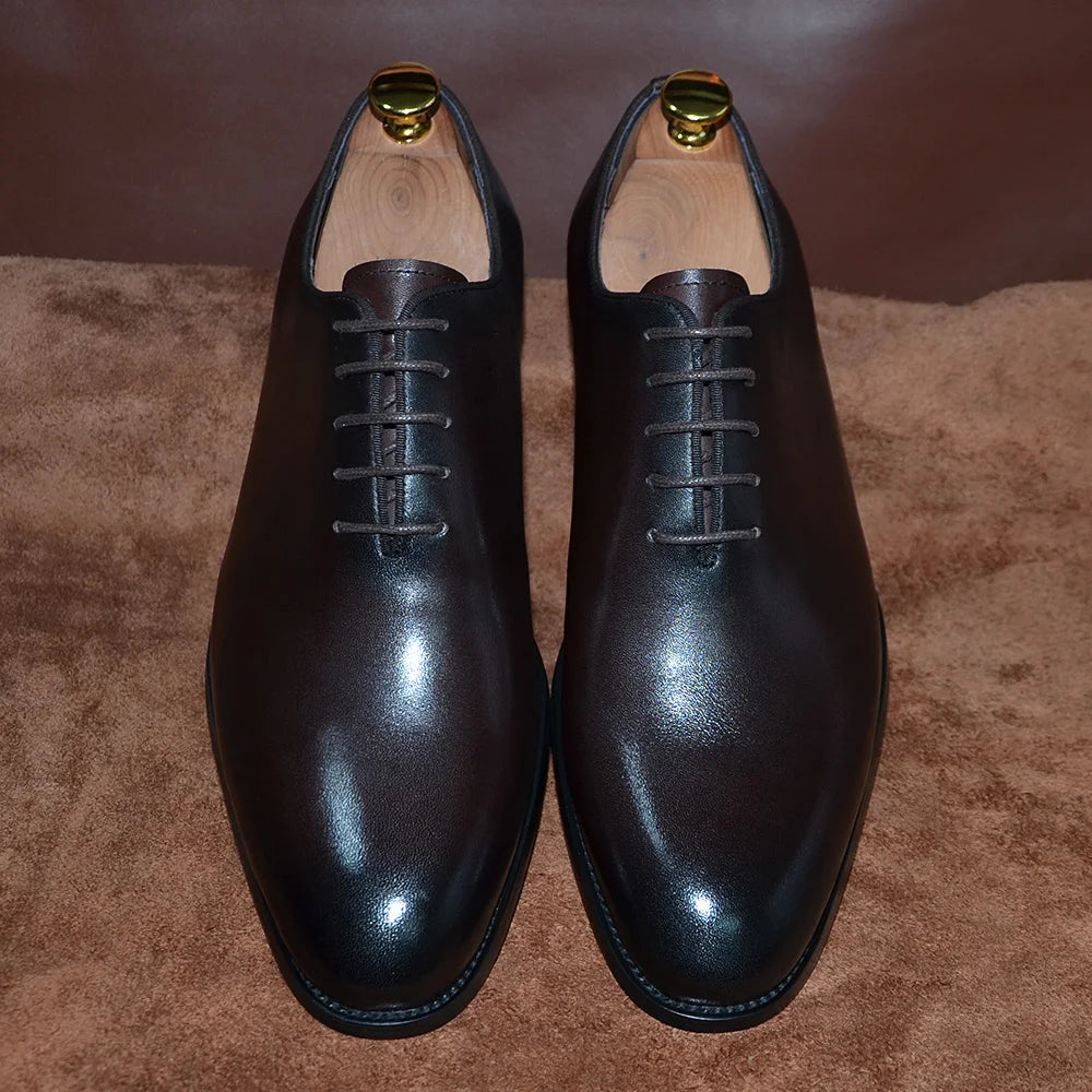 Brand Designer Whole Cut Oxford Dress Shoes Men Genuine Leather Handmade Lace Up Plain Toe Business Office Formal Wedding Shoe