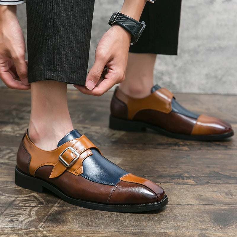 Brand new 2024-2025 Classic Monk Leather Man Shoes Color Block Round-Toe Buckle Business Dress Leather Shoes Man Casual Wedding Party Shoes For Man