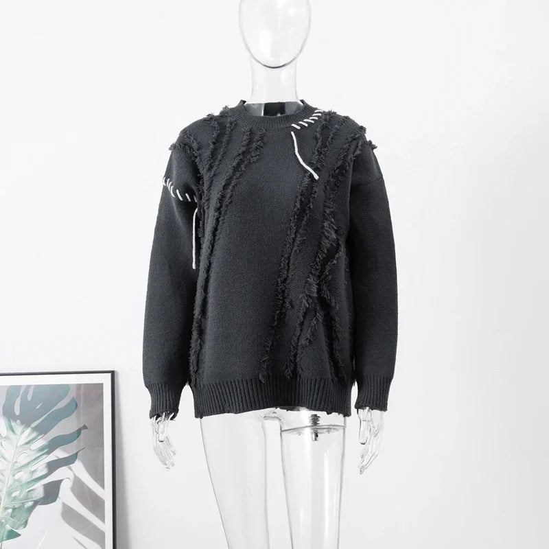 Man Panelled Contrast O neck Sweater 2024-2025 Autumn Winter Vintage Loose Long Sleeves Knitted Pullover Fashion Casual Male Jumper