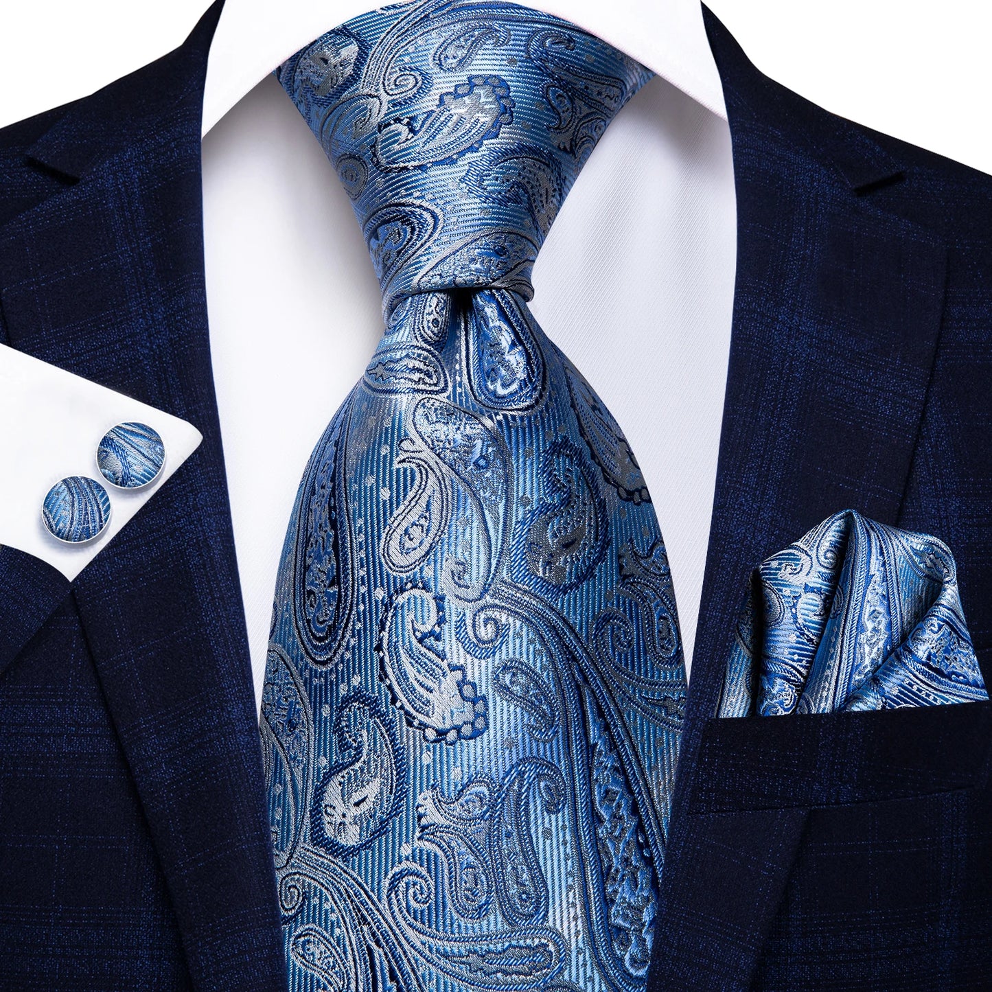 Brand New 2025 Hi-Tie Light Blue Striped Business Mens Tie 8.5cm Jacquard Necktie Accessorie Daily Wear Cravat Wedding Party Hanky Cufflink Set