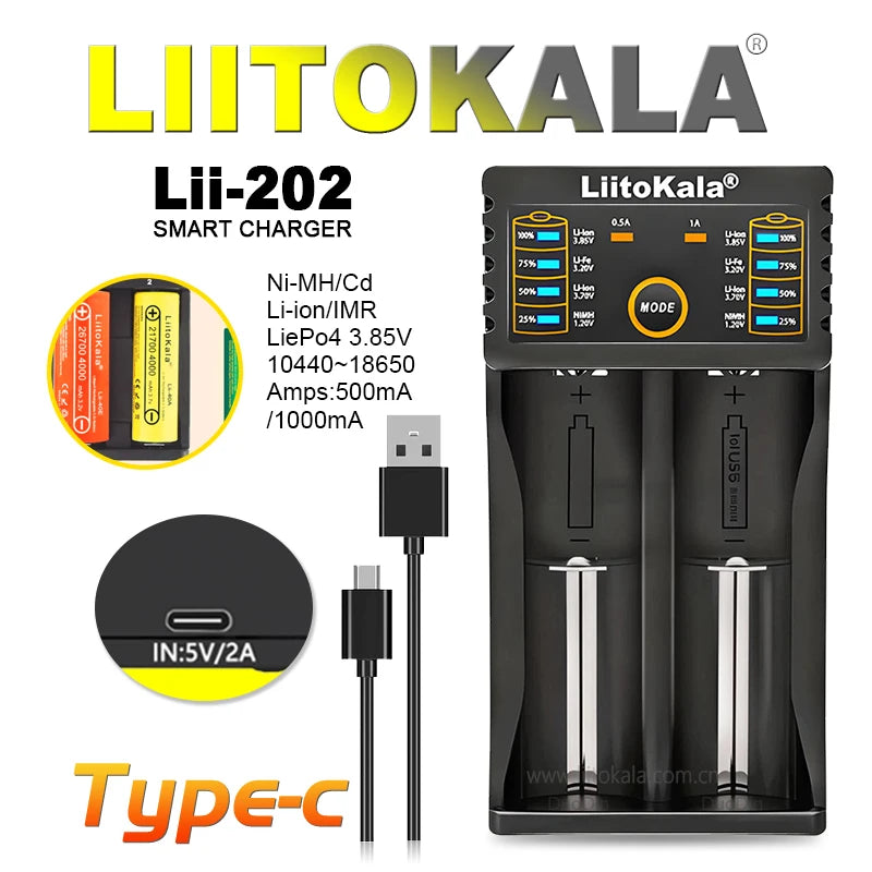 Liitokala Lii-202 18650 1.2V 3.7V 3.2V AA/AAA 26650 10440 16340 21700 20700 14500 18490 NiMH Lithium Battery Smart Charger