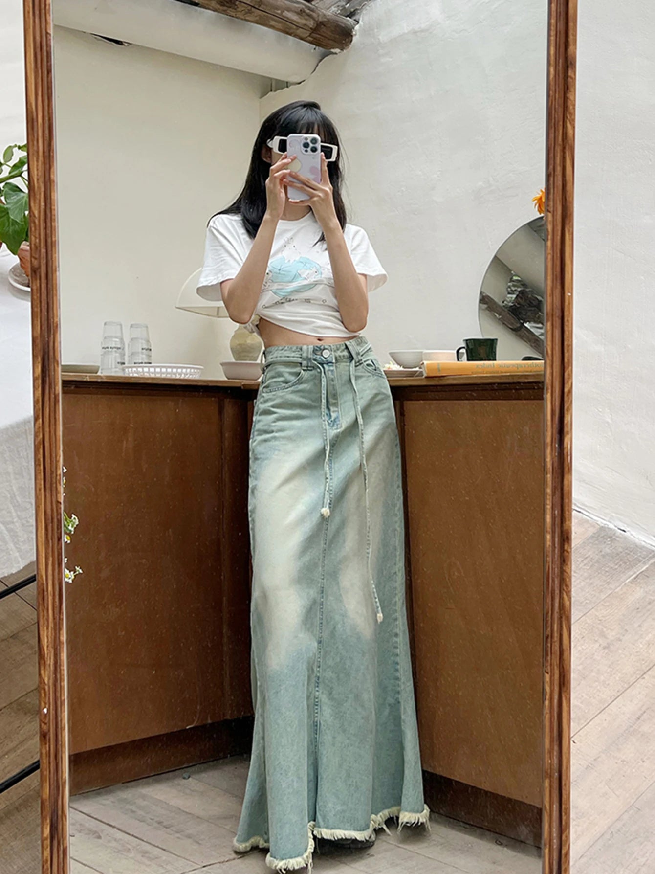 REDDACHiC 90s Retro Green Wash Long Jeans Fishtail Skirt Women Bandage High Waist Frayed Denim Maxi Skirt  Y2k Streetwear