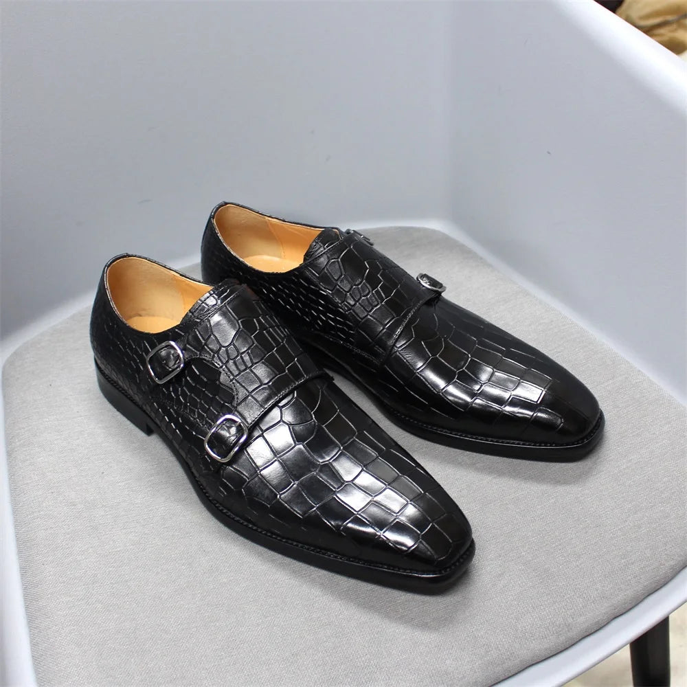 Big Size 12 Mens Monk Strap Dress Shoes Genuine Leather Luxury Crocodile Print Double Buckles Pointed Toe Wedding Shoes for Men WE offer 10% off and FREE SHIPPING