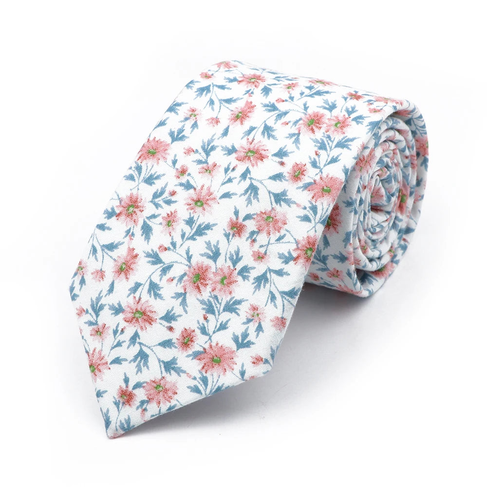 New Chic Floral Tie For Men 2025 100% Cotton Beautiful Elegant Flower Necktie White Blue Narrow Skinny Wedding Casual Cravat