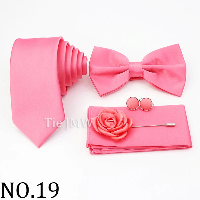 Hot Sale Pink Purple Sage Green Tie Set Polyester Necktie Bowtie Cufflink Brooch For Groom Suit Wedding Cravat Shirt Accessory