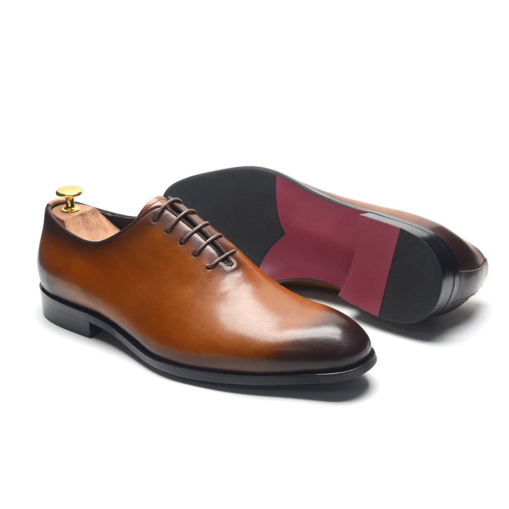 Brand Designer Whole Cut Oxford Dress Shoes Men Genuine Leather Handmade Lace Up Plain Toe Business Office Formal Wedding Shoe
