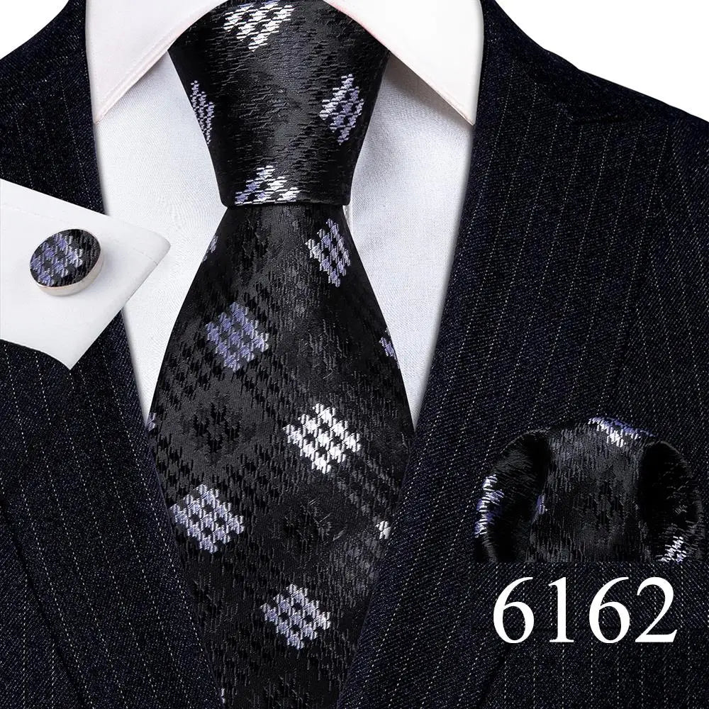Fashion Mens Ties Set Silk Gray Black Silver White Striped Plaid Solid Paisley Floral Neck Tie Hankderchief Cufflinks Barry·Wang