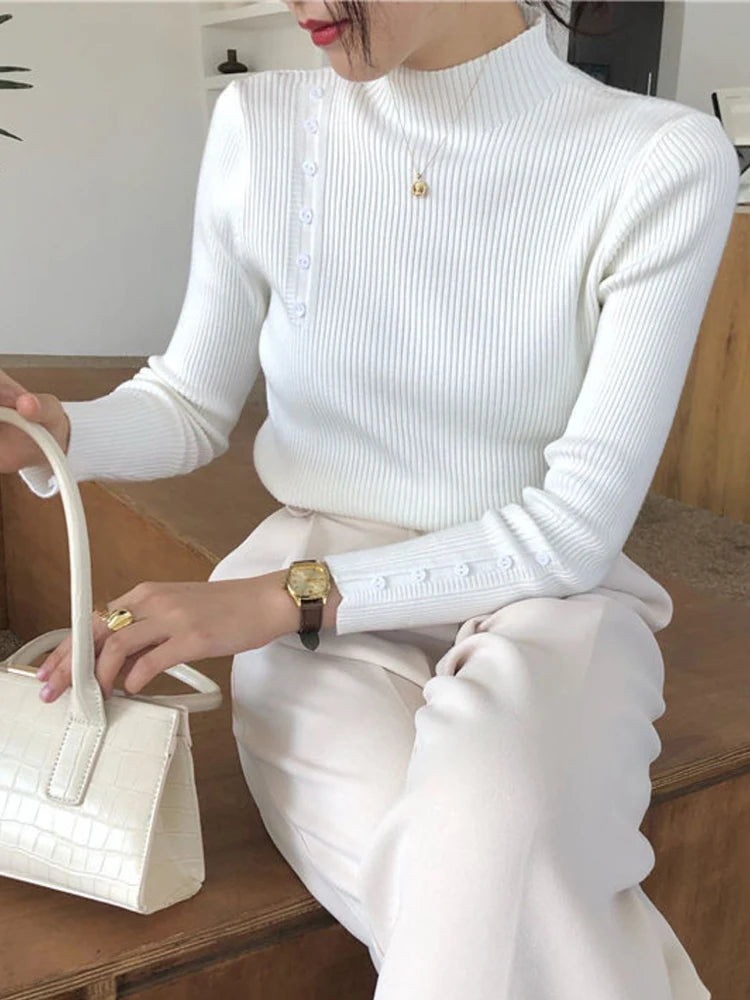 Women Knitted Sweater Long Sleeve Button Turtleneck Slim Pullovers for Autumn Winter 2024 Female Sweaters Soft Warm Bottoming Tops