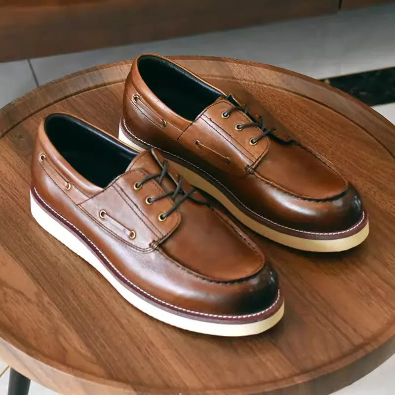 TINTINOS Handmade Men Casual Leather Shoes Genuine Leather High Quality Retro Lace-Up Work Shoes Classic Men Boat Shoes