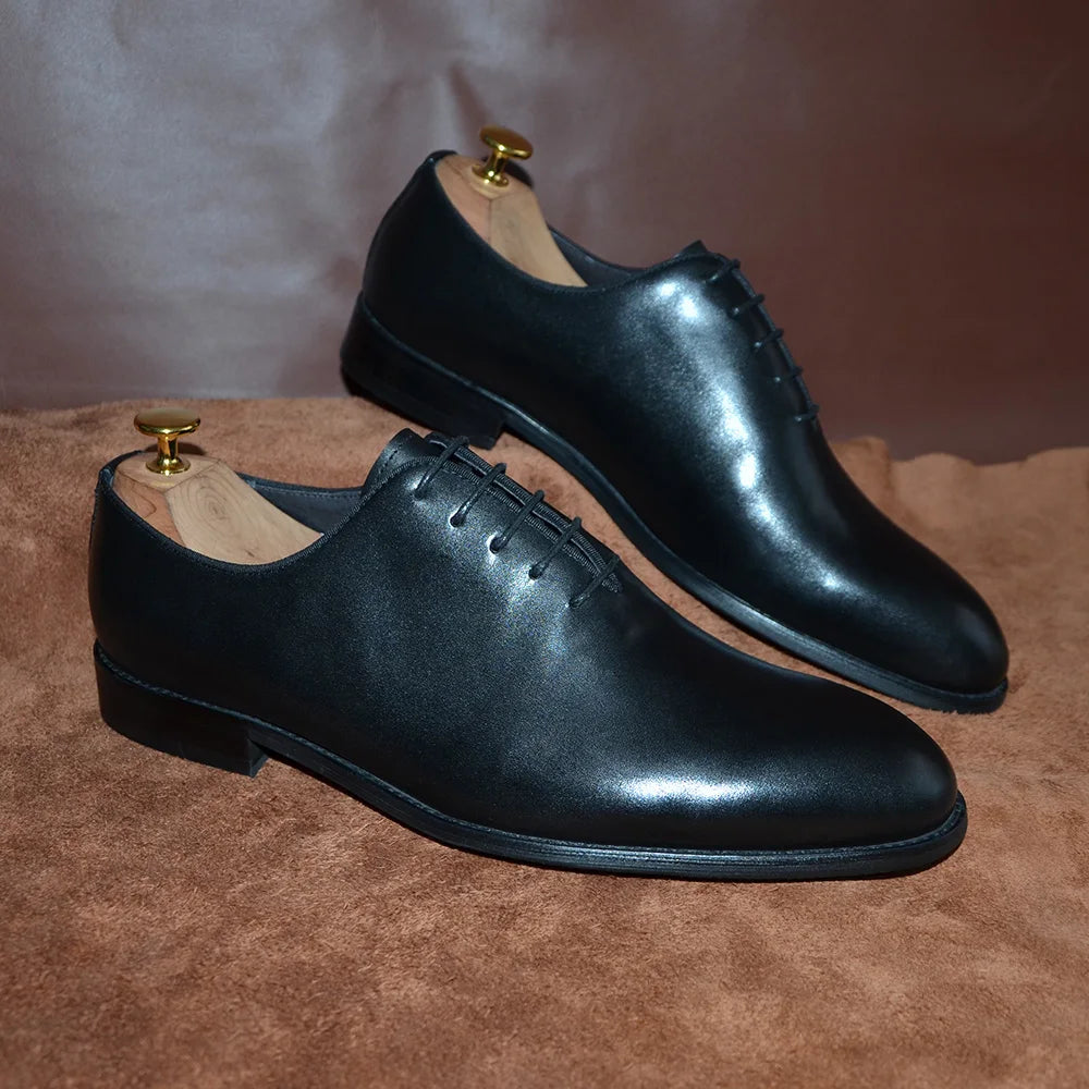 Brand Designer Whole Cut Oxford Dress Shoes Men Genuine Leather Handmade Lace Up Plain Toe Business Office Formal Wedding Shoe