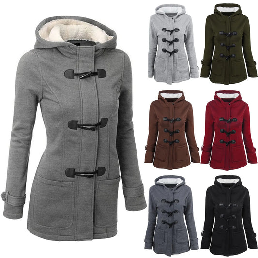 Winter Coat Female Womens Fashion Horn Button Fleece Thicken Coat With Hood Winter Warm Jacket 2025