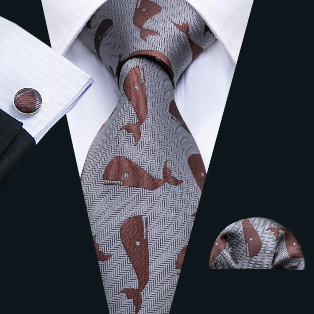 Barry.Wang Jacquard Animal Silk Men Tie Hankerchief Cufflinks Set Novelty Necktie for Male Gift Wedding Business Party 30 Styles