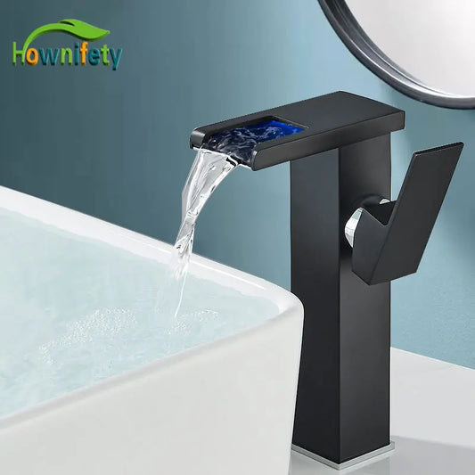 Brass LED Waterfall Bathroom Basin Faucet Deck Mount Cold Hot Water Mixer Crane Tap Short or Tall Tapware Water Flow Motor Free shipping