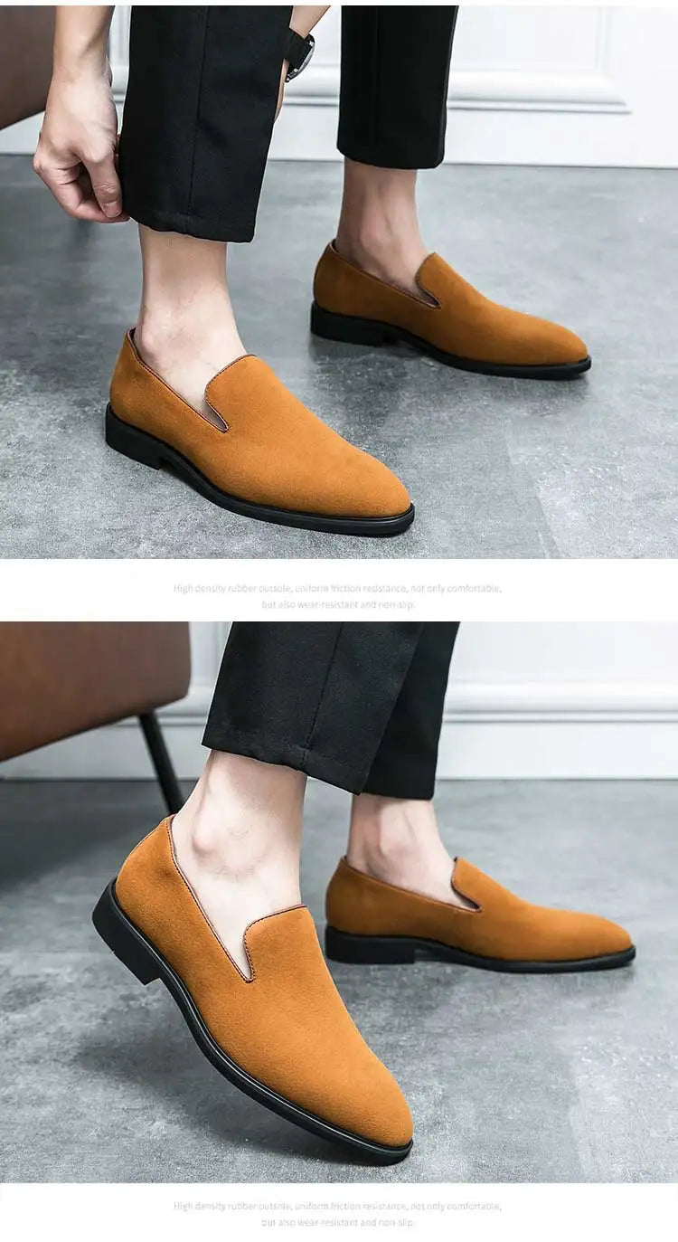 New 2024-2025 Red Sole Loafers Black Wedding Shoes for Men Yellow Flock Round Toe Slip-On Men's Business Dress Shoes Size 38-46