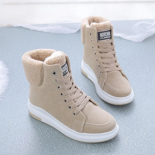 NEW 2024 Winter Boots Women Ankle Boots Warm PU Plush Winter Woman Shoes Sneakers Flats Lace Up Ladies Shoes Women Short Snow Boots