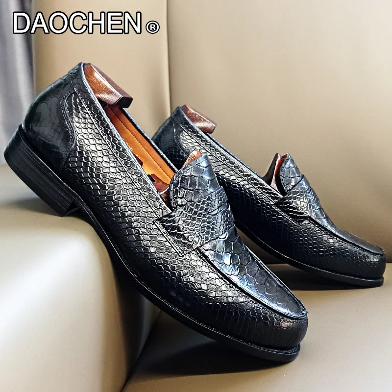 LUXURY MEN'S LOAFERS SHOES BLACK ROYAL BLUE SNAKE PRINT CASUAL MENS DRESS SHOES WEDDING OFFICE BANQUET LEATHER SHOES MEN