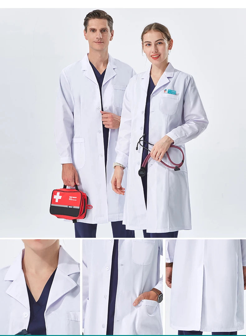 NEW 2024  White Lab Coat for Women Men Students Chemistry Healthcare Professionals Nurse Long Sleeves Doctor Work Robe XK002