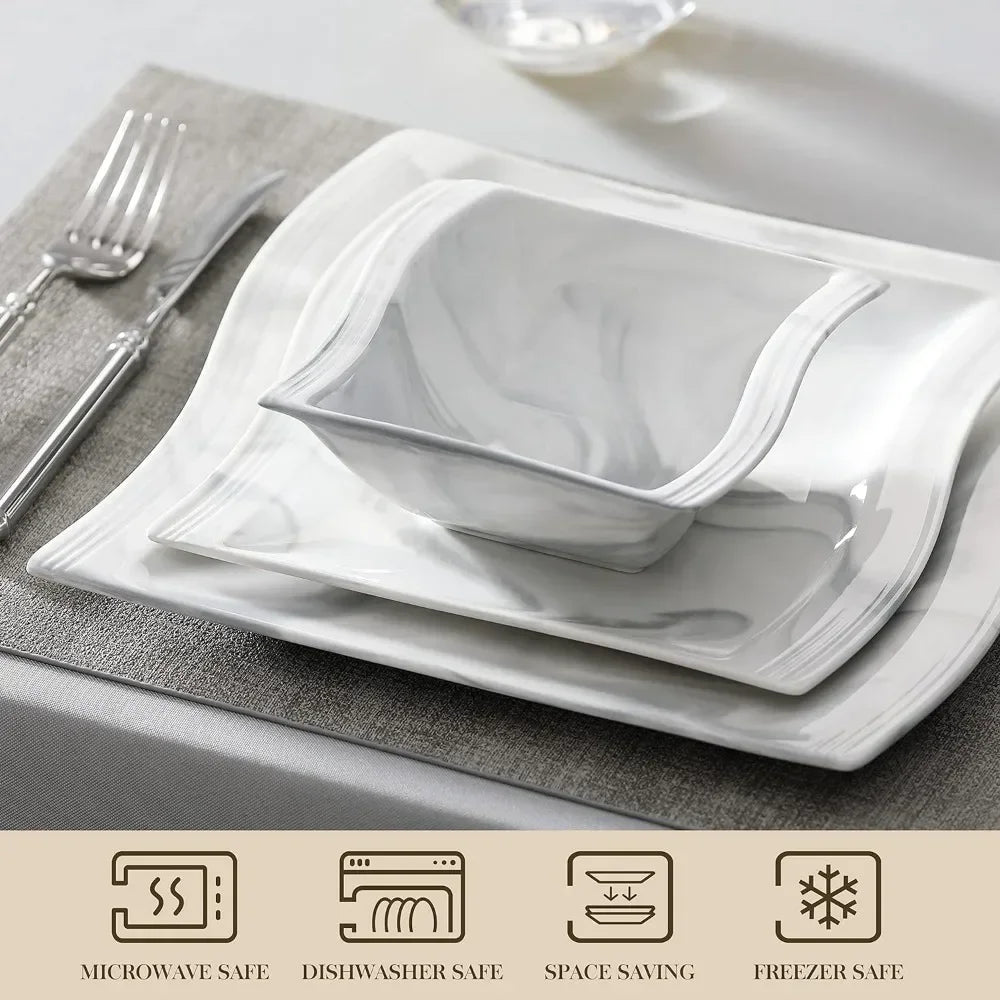 56 Piece Porcelain Plate and Bowl Set, 12 Piece Set, Square Tableware, Bowl, Serving Plate, Cup, Marble Tableware Set
