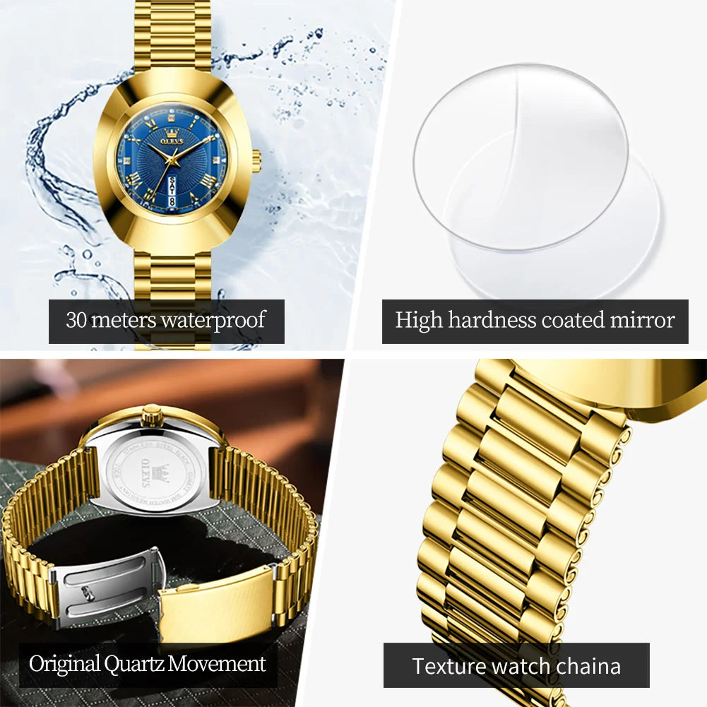 2024 OLEVS Golden Quartz Watch for Women Fashion Elegant Tungsten Steel Case Waterproof Wristwatches Luxury Original Ladies Watch New