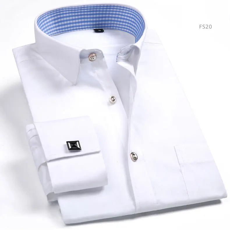 Brand NEW 2024-2025 Fashion Mens French Cufflinks Dress Shirts Long Sleeve Yellow White Blue Social Business Regular Fit Wedding Party Shirt For Man
