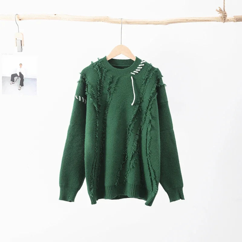 Man Panelled Contrast O neck Sweater 2024-2025 Autumn Winter Vintage Loose Long Sleeves Knitted Pullover Fashion Casual Male Jumper