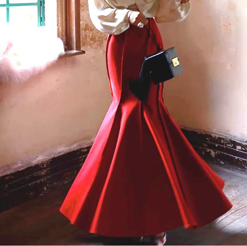 2024 USA Fashion XS S Sexy High Waist Wrapped Hip Long Skirts Womens Autumn and winter Red Retro Slim fishtail skirt