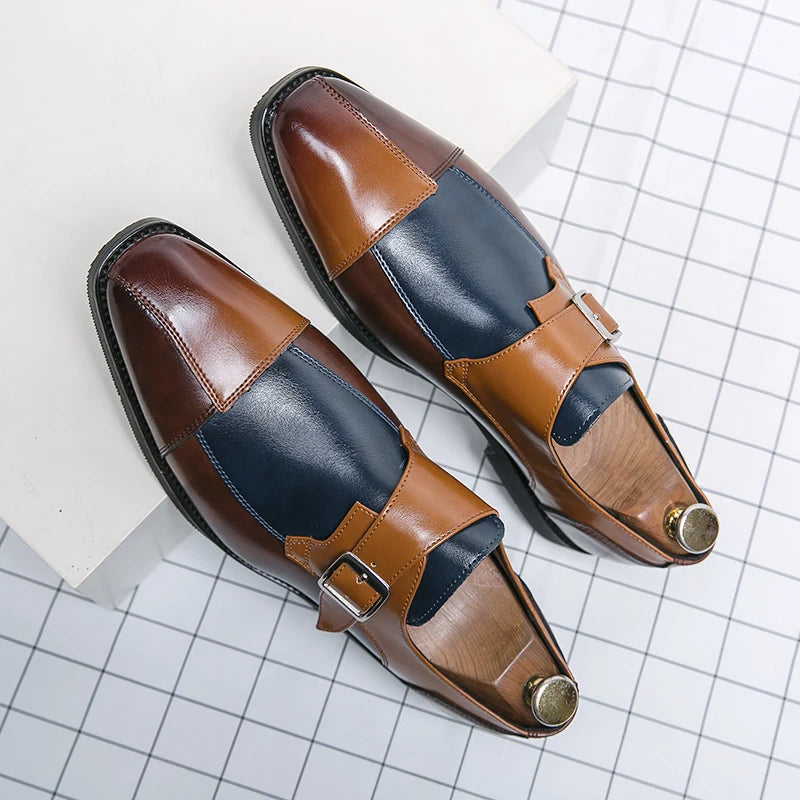 Brand new 2024-2025 Classic Monk Leather Man Shoes Color Block Round-Toe Buckle Business Dress Leather Shoes Man Casual Wedding Party Shoes For Man
