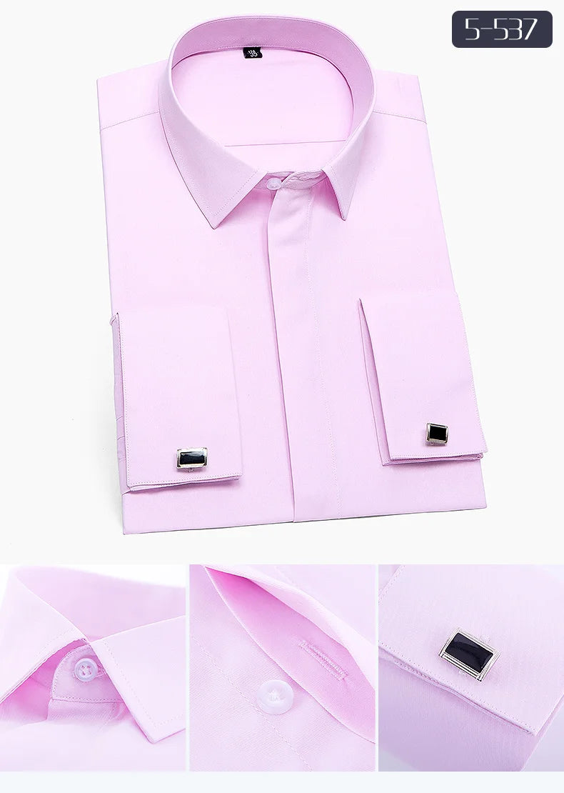 France Cufflinks Men Tuxedo Business Social Shirts Long Sleeve Covered Button Plain Solid Mens Dress Shirt White Light Blue Pink