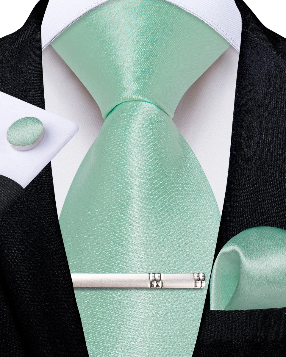 4Pcs Solid Green Brown Black Blue Red Satin 8cm Men Tie Set Handkerchief Cufflinks Wedding Party Accessories Gift for Husband