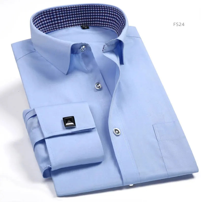 Brand NEW 2024-2025 Fashion Mens French Cufflinks Dress Shirts Long Sleeve Yellow White Blue Social Business Regular Fit Wedding Party Shirt For Man