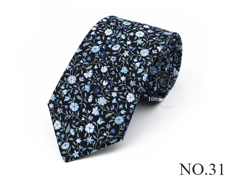 New Chic Floral Tie For Men 2025 100% Cotton Beautiful Elegant Flower Necktie White Blue Narrow Skinny Wedding Casual Cravat