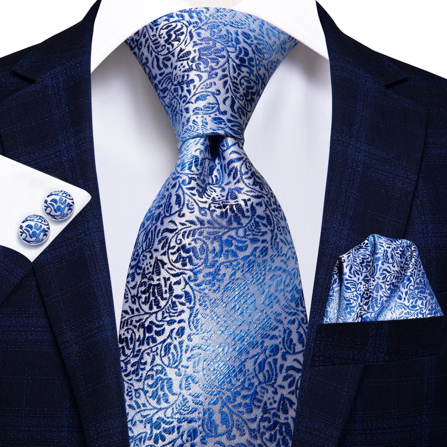 Brand New 2025 Hi-Tie Light Blue Striped Business Mens Tie 8.5cm Jacquard Necktie Accessorie Daily Wear Cravat Wedding Party Hanky Cufflink Set