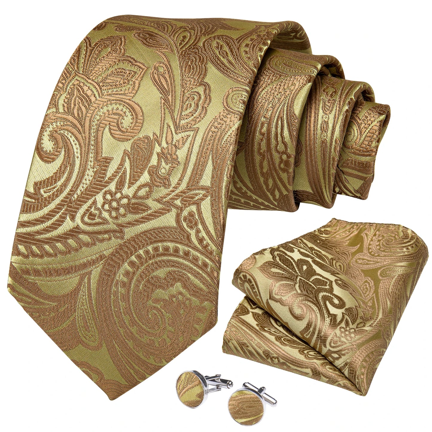 Brand New 2025 Mens Tie 100% Silk Classic Jacquard Woven 8cm Gold Yellow Formal Business Wedding Neck Tie Pocket Square Set Suit Cravat