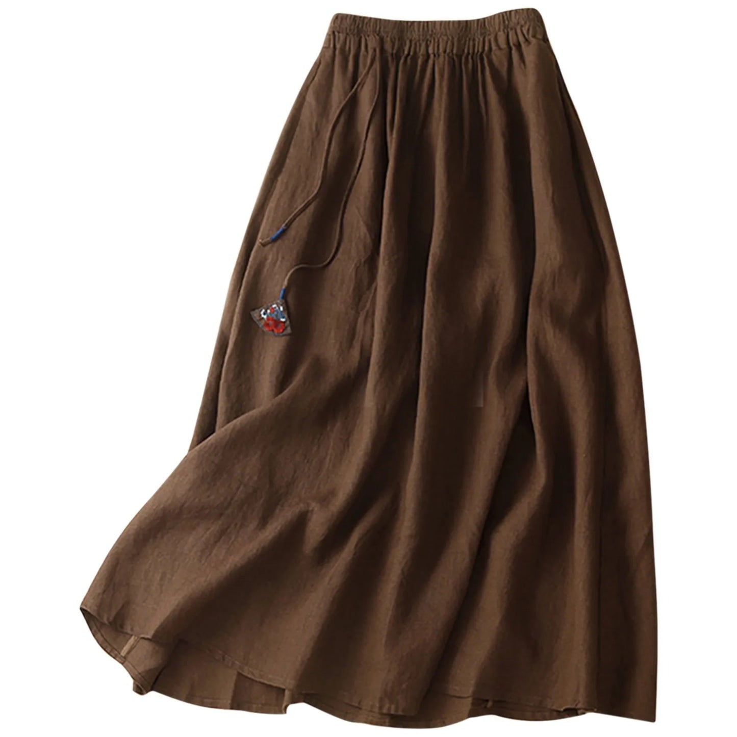 Women Cotton Skirt Holiday Elastic Waist Midi Skirt 2024 Summer Side Pockets Falda Saias Casual Solid A Line Jupe