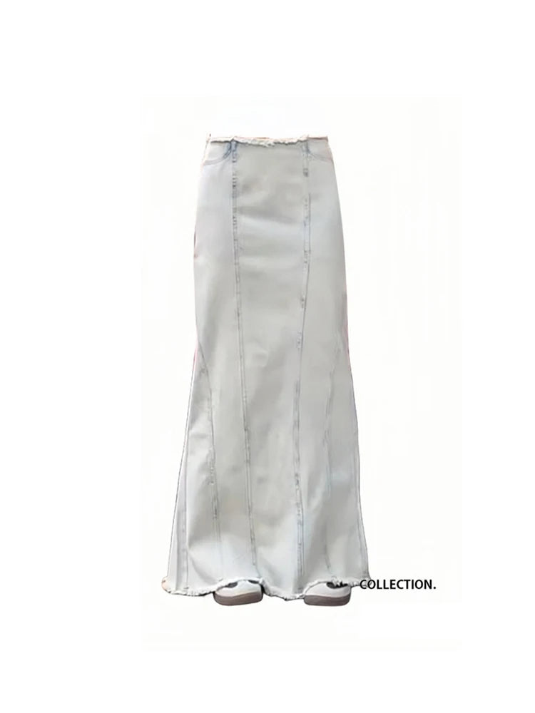 Women's White Denim Skirt Y2k A-Line Long Cowboy Skirts Harajuku Vintage Aesthetic Oversize Jean Skirt 2000s Clothes Summer 2024